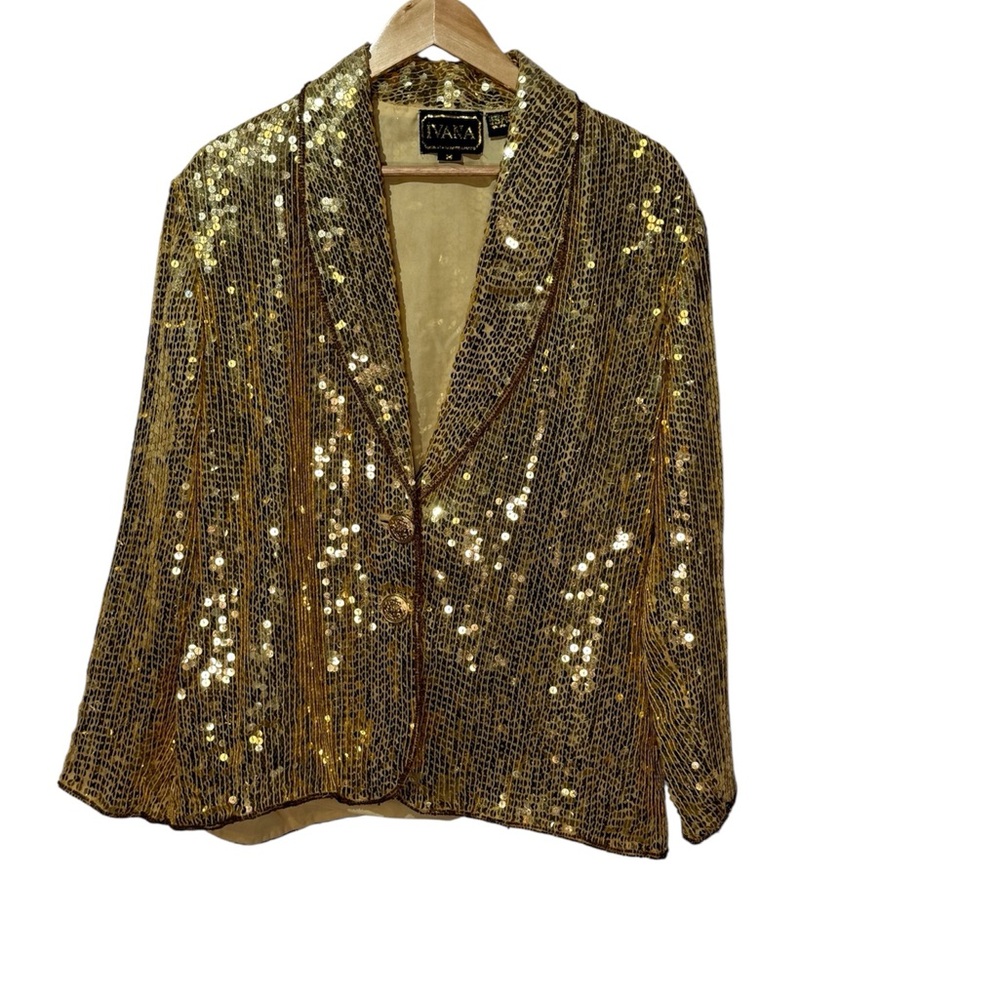 Ivana Trump Vintage 100% Pure Silk Gold Sequin Blazer size medium
